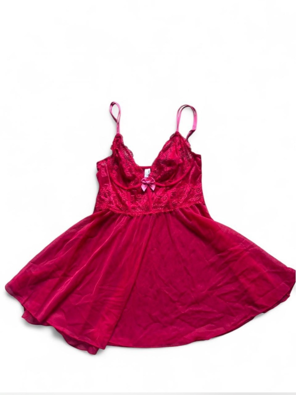 Y2K Women's DKNY Red lace babydoll dress with bow detail Size S